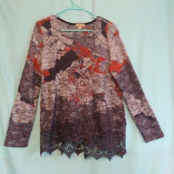 One World PM petite medium gray orange lace knit top blouse tunic - Picture 2 of 6